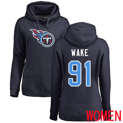 Tennessee Titans Navy Blue Women Cameron Wake Name and Number Logo NFL Football #91 Pullover Hoodie Sweatshirts->women nfl jersey->Women Jersey